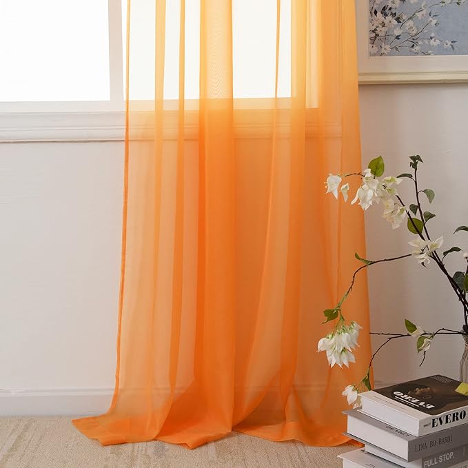 HUTO Orange Sheer Curtains 45 inches Long for Bedroom Top Rod Pocket Sheer Window Panels Curtains for Nursery Living Room 52 by 45 Inch Length Set of 2