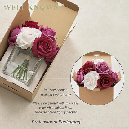 WELL KNOWN Rose Artificial Flowers in Vase with Faux Water, Silk Rose Table Centerpieces for Home Coffee Table Decor, Fake Roses Flower Arrangements for Office Hotel Lavatory Decor (Purple & White)