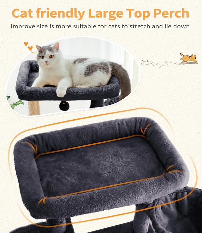 Cat Tree Large Cat Tower Tree 68" Multi-Level Cat Tower for Indoor Cats with Sisal Scratching Posts, Widen Cat Perche, Square Hammock, 2 Widen Condos, Scratching Posts, Grey-Mewly Pet