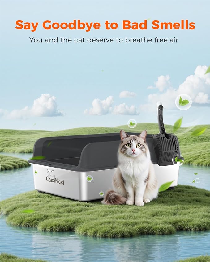 XXXL Stainless Steel Cat Litter Box 28.1''×20.5''× 10.1” Extra Large Metal Cat Litter Box for Big, Multi Cats, Anti-Leakage & Non-Stick Metal Pan, Easy to Clean, Durable (Black-Mewly Pet