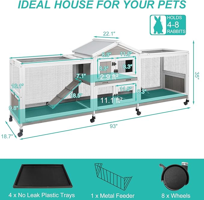 2-Tier Rabbit Hutch with Wheels, Indoor & Outdoor Small Animal Cage with Deep Pull-Out Tray, Anti-Chew Frame, Habitat for Bunny, Guinea Pig, Chinchilla (93" L x 19" W x 35" H)-Mewly Pet