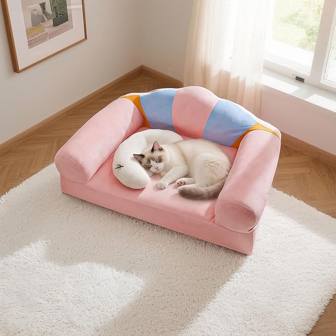Cute Cat Couch with Soft Pillow, Supportive Dog Couch, Cat Sofa with Removable Cover，Cute Rainbow Shaped, 24 Inch-Mewly Pet