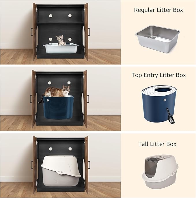 unipaws Cat Litter Box Enclosure with Shelves, Tall Hidden Litter Box Cover for Tall or Top Entry Litter Box, Kitty Enclosed Litter Box Cabinet, Cat Box Furniture, Walnut-Mewly Pet