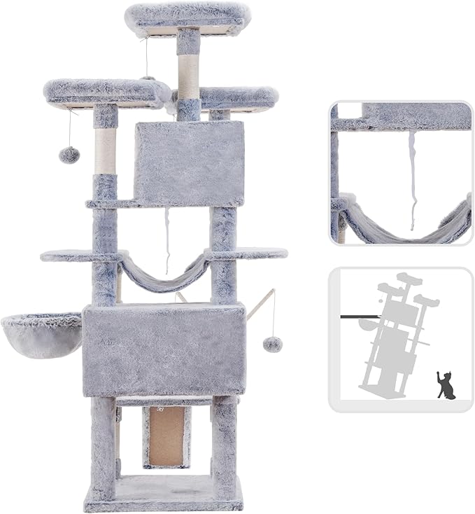 Hey-brother Cat Tree, 71 inches XL Large Cat Tower for Indoor Cats, Multi-Level Cat House with 3 Padded Perches, Big Scratcher, Cozy Basket, 2 Cat Condos and Scratching Posts,Pewter MPJ034PE-Mewly Pet