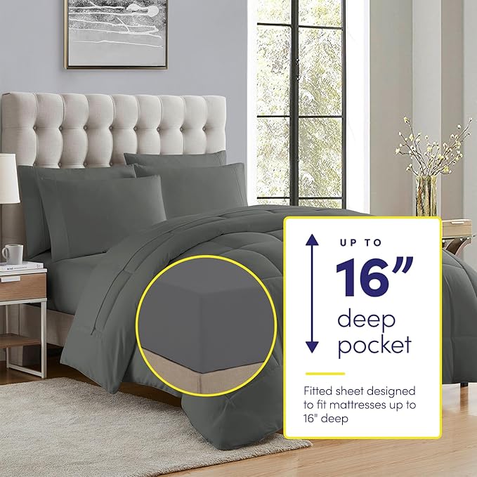 Full Size Comforter Set with Sheets - 7-Piece Bedding Collection - 1 Comforter, 1 Fitted Sheet, 1 Flat, 4 Pillowcases - Deep Pocket - Soft & Breathable Premium Quality - Ideal for All Seasons, Gray