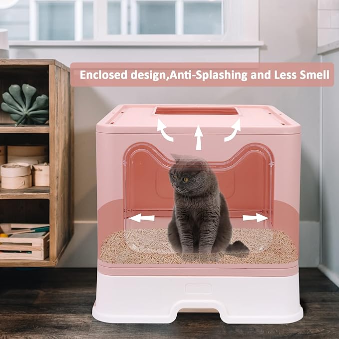 Foldable Cat Litter Box with Lid, Enclosed Potty, Large Top Entry Anti-Splashing Toilet, Easy to Clean Including Litter Scoop and 2-in-1 Cleaning Brush (Pink)-Mewly Pet