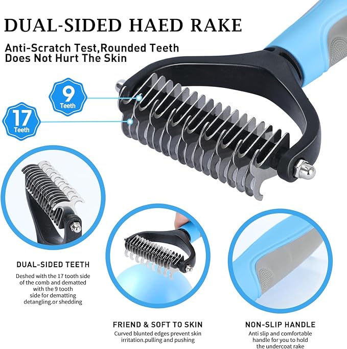 5 PCS Dog Grooming Brush Kit – Self Cleaning Slicker Brush for Shedding Short & Long Haired Dogs & Cats. Removes Loose Fur, Undercoat, Mats, Tangles. Suit for Small, Medium & Large Pets. Blue-Mewly Pet