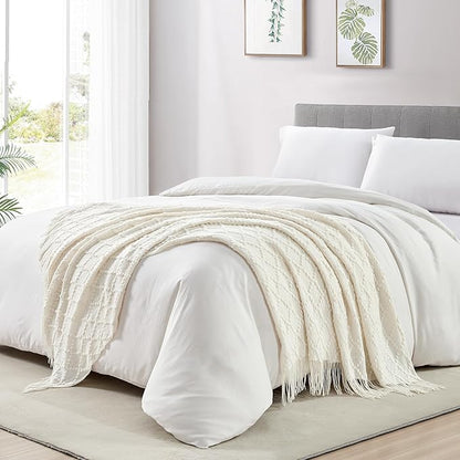 BOURINA White Throw Blanket 50 x70 Inches Jacquard Argyle Throw Textured Solid Soft Throws and Blankets for Sofa or Bed Knitted Decorative Blanket