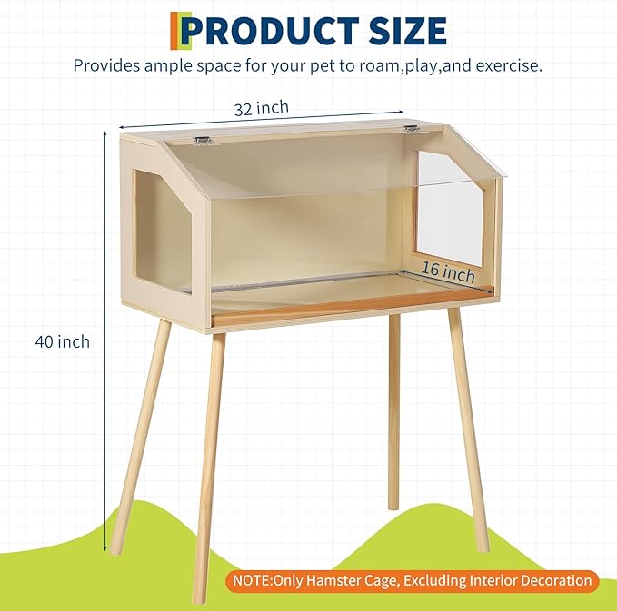 Hamster Cage with Legs, 32" L x 16" W x 40" H Large Hamster Habitats Enclosure with Acrylic Window & Openable Top,Small Animal Cage Chew Proof for Guinea Pig, Chinchilla, Gerbil-Mewly Pet