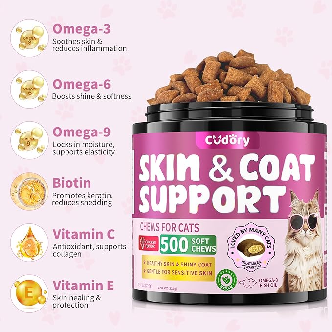 Natural Skin and Coat Support for Cats - Crunchy & Creamy Chews with Omega 3, Biotin & Vitamin E for Healthy Skin, Shiny Fur, Cat Supplements & Vitamins -Chicken（500 Chews-Mewly Pet