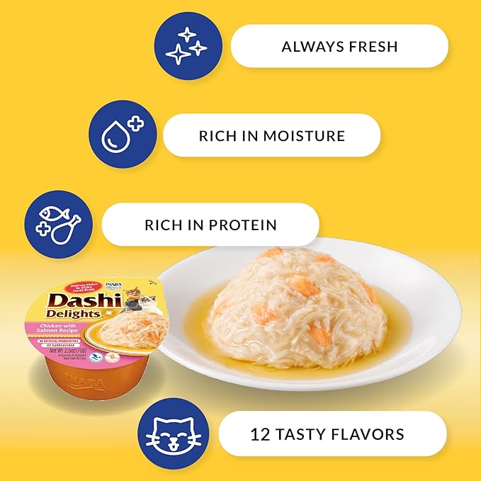 INABA Dashi Delights for Cats, 2.5 Ounce Cup, 6 Cups Total, Chicken with Tuna & Salmon Recipe-Mewly Pet