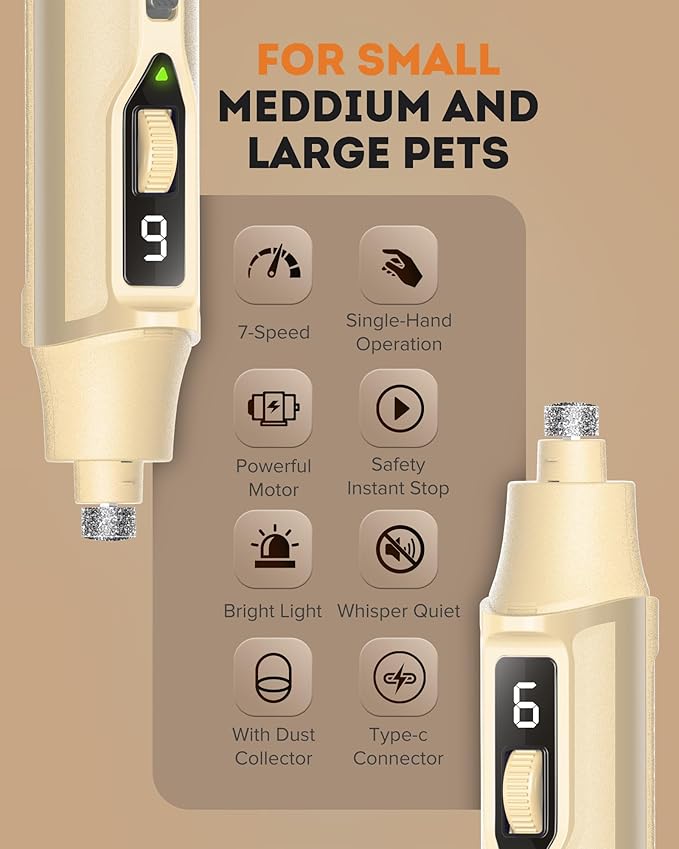 YABIFE 7-Speed Pet Nail Grinder with Light – Heavy Duty, Whisper Quiet Nail Trimmer for Dogs, Cats, Birds & Small Animals – Single-Handed Operation-Mewly Pet