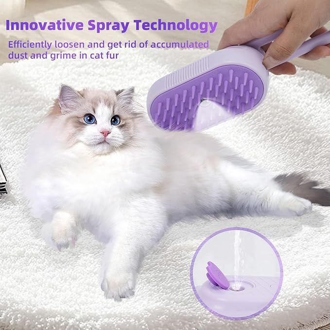 4-in-1 Rechargeable Anti-Dandruff Pet Steam Brush — brush for sheddingCats & Dogs,pet hair removal tool. Integrating functions of massage,clean, hair grooming and anti-static (purple)-Mewly Pet