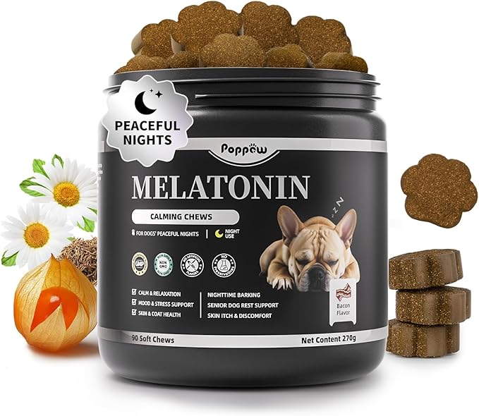 Melatonin for Dogs, Calming Chews with Valerian Root & L-Theanine for Sleep Aid & Emotional Support, Calming Treats for Stress Anxiety Relief - Thunder, Fireworks, Barking, Bacon Flavor, 90Ct-Mewly Pet