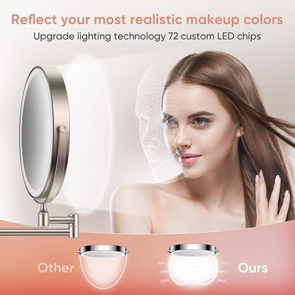 FASCINATE Rechargeable Wall Mounted Makeup Mirror with Lights and Magnification, 8 Inch Double Sided 1X 10X Magnifying Bathroom Mirror with 3 Color Lights & 360° Rotation Vanity Mirror - Nickel