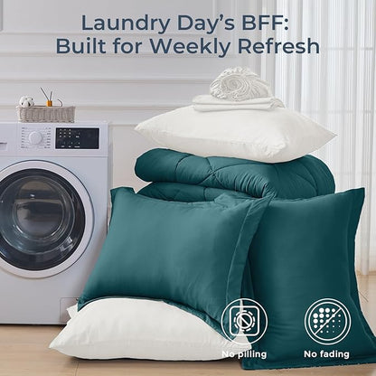 HEVUMYI King Comforter Set - 7-Piece All Season Bed in a Bag King, Ultra Soft Bedding Set with Comforter, Flat Sheet, Fitted Sheet, Pillowcases, Pillow Shams, Peacock Blue & Ivory
