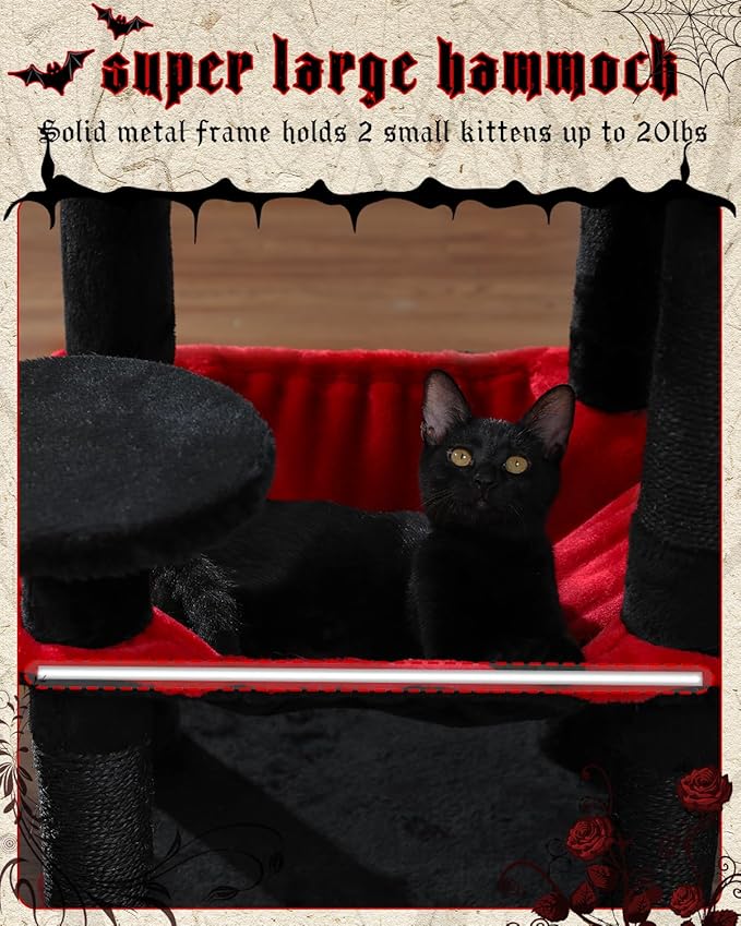 Gothic Cat Tree with Super Large Hammock, 45.7" Black Cat Tower with Coffin Bed, Cat Condo, Sisal Scratching Posts & Top Perch, Multi-Level Goth Cat Tree, Halloween, Black-Mewly Pet