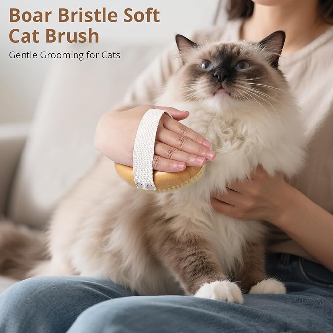 Boar Bristle Cat Brush for Indoor Cats, Cat Hair Brush Gentle Grooming, Reduce Shedding, Soft Hair and Healthy Shine, Bamboo Handheld with Soft Boar Bristles and Band for Short Haired Cats Dogs-Mewly Pet
