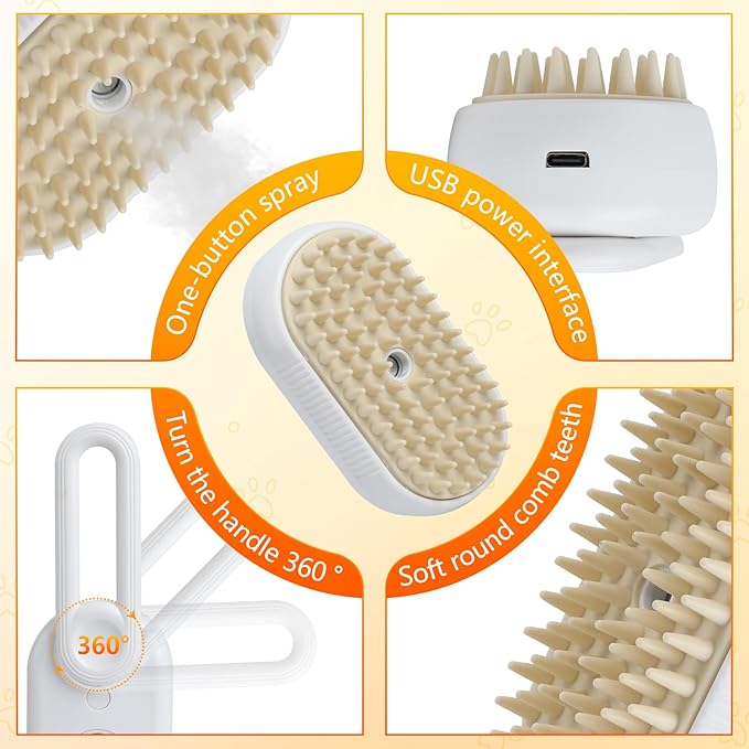 4-in-1 Cat Grooming Steam Brush, Pet Hair Shedding, Massage, Cleaning, Combing (white)-Mewly Pet