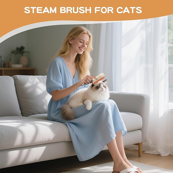 Pet Steam Brush, Rechargeable Cat Steam Brush for Shedding, 2025 New & 4 in 1 Pet Spray Hair Removal Comb with Anti-Static,Massage, Cleaning, Shedding & Combing All In One! (Khaki)-Mewly Pet