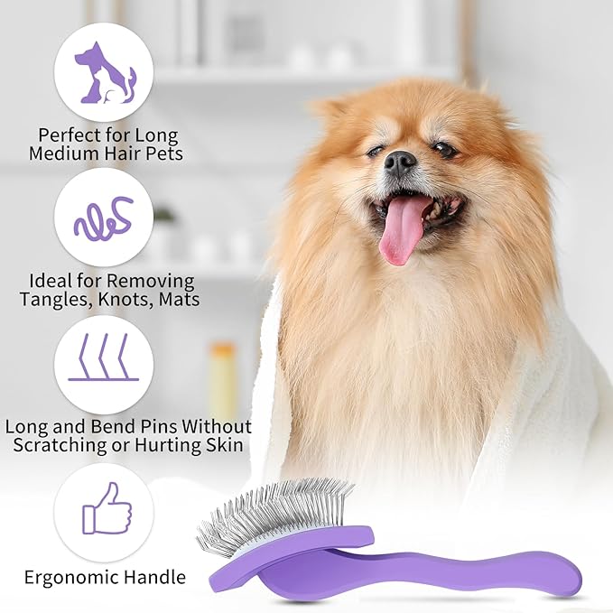 Slicker Brush for Dogs, Long Pin Dog Grooming Brush for Goldendoodles, Poodles, Doodles & More, Includes Bonus Pet Comb, Perfect for De-Shedding, Dematting & Reducing Tangles. Large, Purple-Mewly Pet