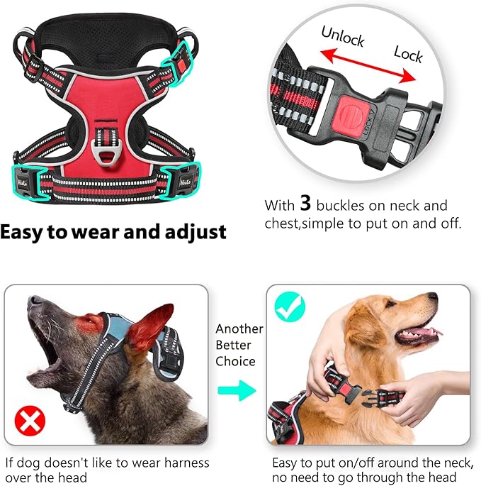 Timos Dog Harness Large Sized, No Pull with Neck Lockable Snap,No Choke Front Clip Dog Reflective Harness,Adjustable Metal Rings 3 Buckles,Easy Control Handle for Large Dogs Red L-Mewly Pet