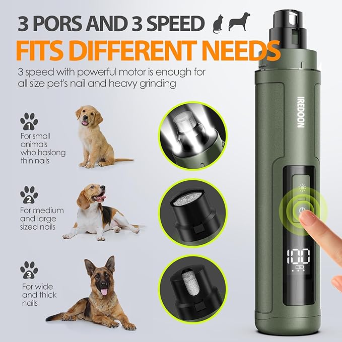 Dog Nail Grinder Upgraded - Professional 3-Speed Super Quiet and Low Vibration Electric Pet Nail Grinder with 4 LED Lights - Painless Paws Grooming & Smoothing for Small to Large Dogs (Green)-Mewly Pet