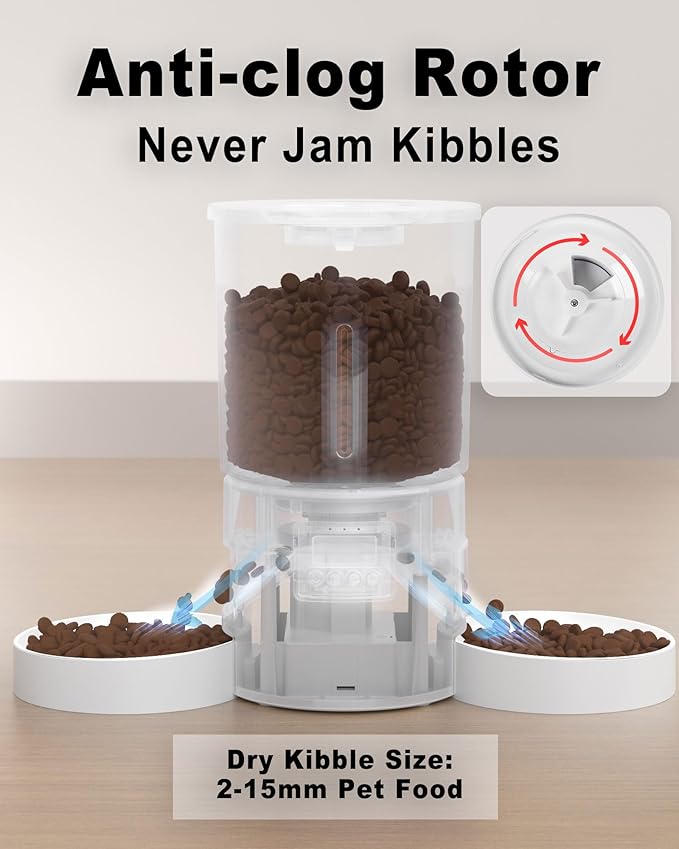 Dual Automatic Cat Feeder 2 Cats,6 Meals/Day,12 Portions/Meal,4.2L Dual Power Double Bowls Feeder,Dry Food Auto Pet Dispenser,10S Voice Record,Flexible Schedule Timer (White,Basic Dual Bowls)-Mewly Pet