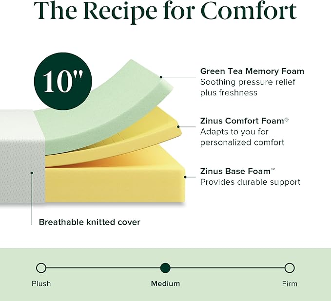 ZINUS 10 Inch Twin Green Tea Memory Foam Mattress [New Version], Fiberglass free, Medium Firm Feel, Zoned Pressure Relief, Certified Safe Foams & Fabric, Mattress in A Box
