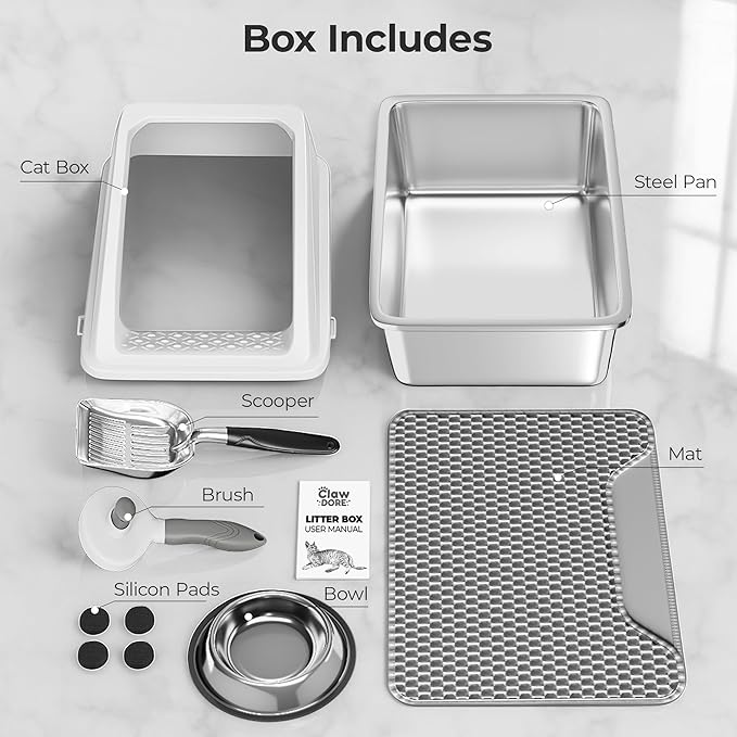 XL Stainless Steel Litter Box with Lid for Big Cats - Prevents Odor & Stains - Leak-Proof, Rust-Free & Non-Stick - Extra Large Cat Litter Box Stainless Steel with Scooper, Brush, Bowl & Mat Included-Mewly Pet
