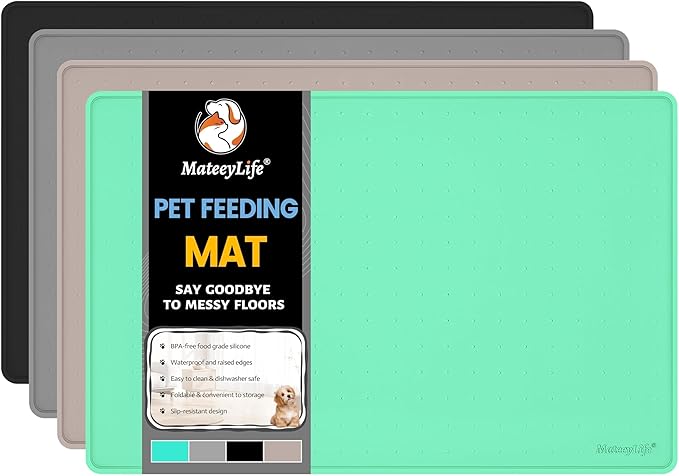 MateeyLife Dog & Cat Food Mat - Waterproof, Nonslip, Raised Edges, Silicone Tray for Messy Drinkers, 24"x16", Mint Green-Mewly Pet