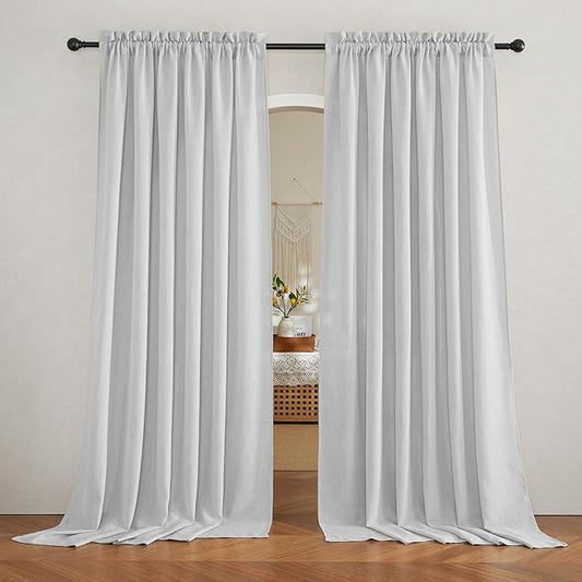 RYB HOME Wide Curtains Flax Linen Woven Drapes, Light Filtering Privacy UV Protected Heavy Duty Window Blinds Voile for Backdrop, Wedding, Villa, Sliding Door, W 70" x L 108", 2 Panels, Dove Grey
