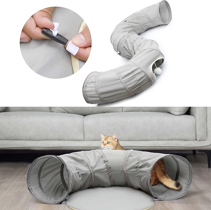 AUOON Cat Play Tunnel - Round Cat Tunnel with Bed | Interactive Cat Toys for Indoor Cats Kitten Kitty Puppy Rabbit Ferret (Light Grey)-Mewly Pet