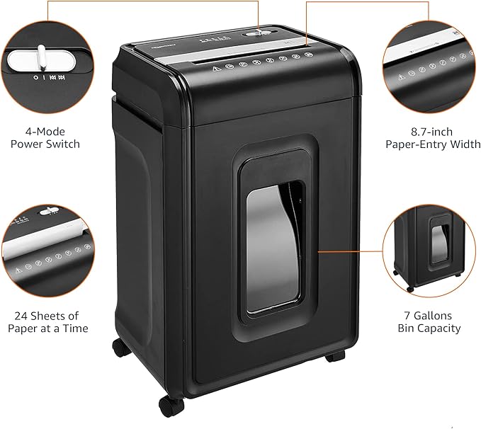 Amazon Basics 24 Sheet Cross Cut Paper, CD and Credit Card Home Office Shredder with Pullout Basket, Black-Mewly Pet