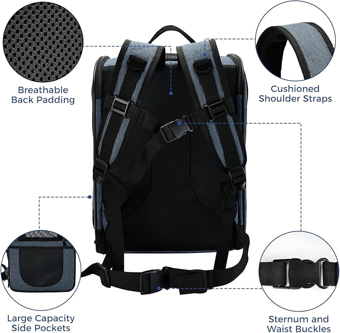 Apollo Walker Dog & Cat Carrier Backpack for 4-15lb Pets - Ventilated Safe Design with Padded Back Support, Breathable Mesh Pet Backpack for Hiking, Travel, Outdoor (Navy)-Mewly Pet
