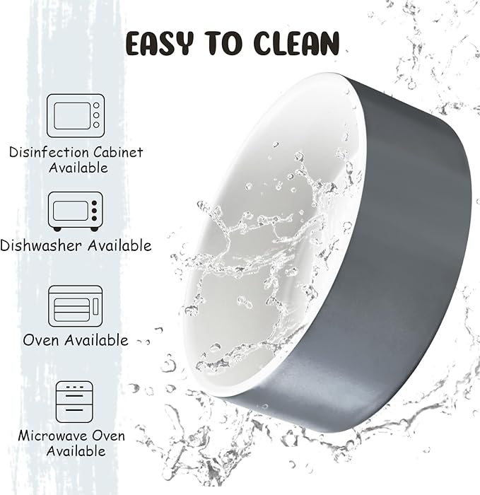 SPUNKYJUNKY 15° Slanted Ceramic Dog and Cat Bowl with Wooden Stand, Tilted Bulldog Food and Water Bowl No Slip Non-Spill for Cats Medium Dogs Big Face Pets 13.5 OZ (1.7 Cups, White-Grey × 2)-Mewly Pet