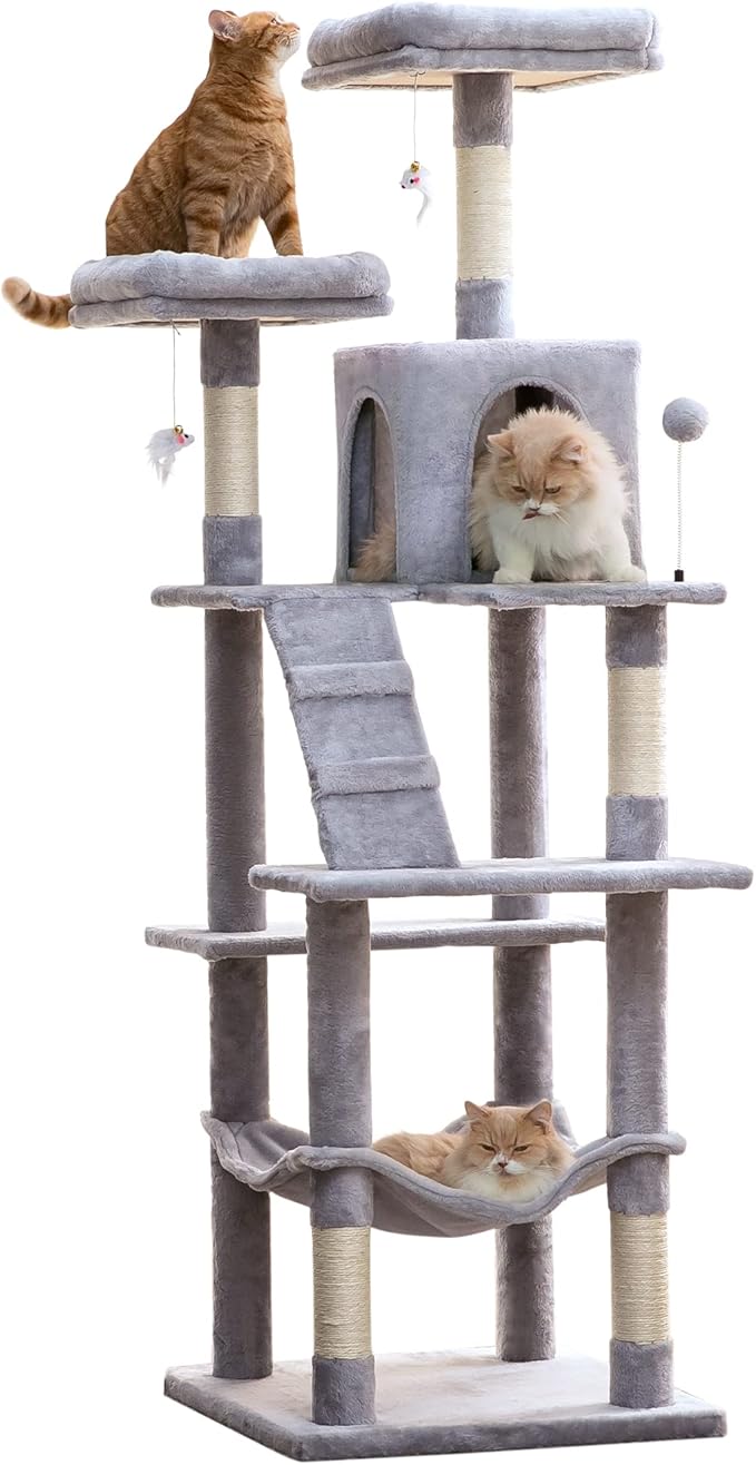 MWPO 70.1-Inch Large Cat Tree, Multi-Level Tall Cat Tower for Indoor Cats, Plush Cat Condo with Big Padded Perches, Sisal-Covered Scratching Posts, Hammock, Toys for Kittens & Cats - Light Grey-Mewly Pet