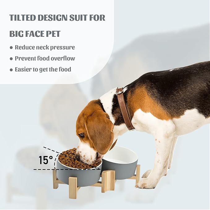 SPUNKYJUNKY 15° Slanted Ceramic Dog and Cat Bowl with Wooden Stand, Tilted Bulldog Food and Water Bowl No Slip Non-Spill for Cats Medium Dogs Big Face Pets 28.7 OZ (3.6 Cups, White-Grey × 2)-Mewly Pet