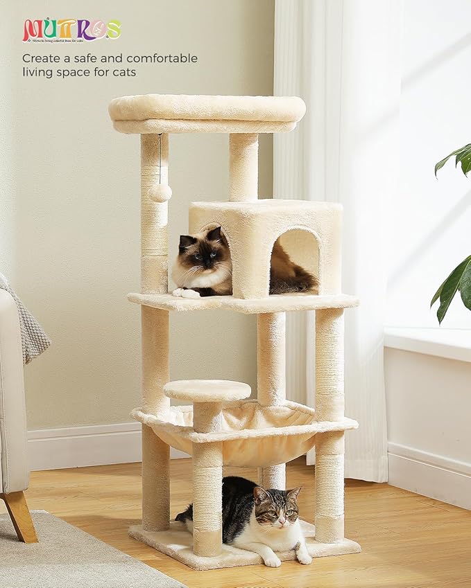 Cat Tree for Indoor Cats, 45.7" Multi-Level Cat Tower with Large Metal Frame Hammock, Cat Condo with 4 Scratching Posts and Top Perch for Small Medium Cat, Beige-Mewly Pet