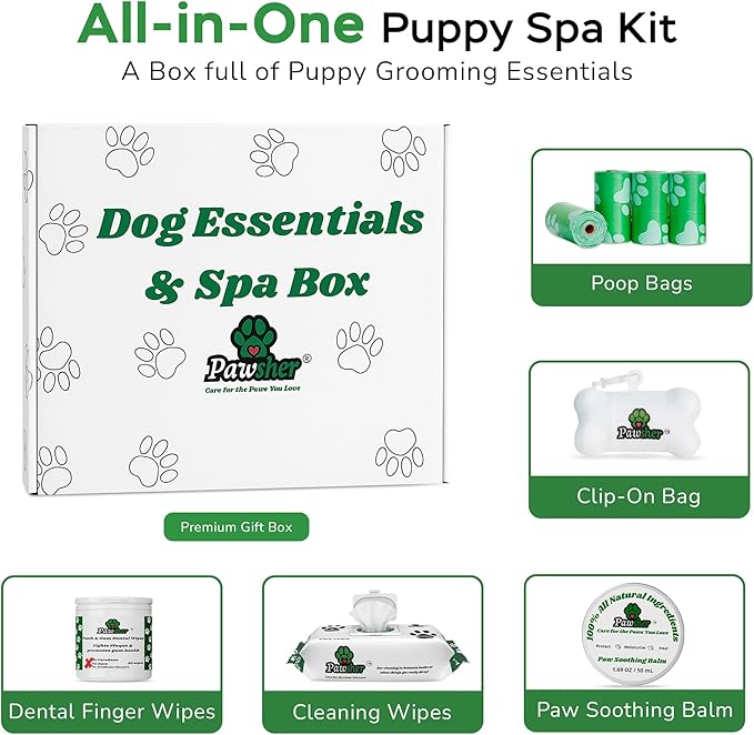 Puppy Essentials Kit Contains Dog Wipes for Paws and Butt, Nourishing Paw Balm, Teeth Cleaning Wipes & Poop Bags Set | Dog Camping Essentials and Travel Accessories-Mewly Pet