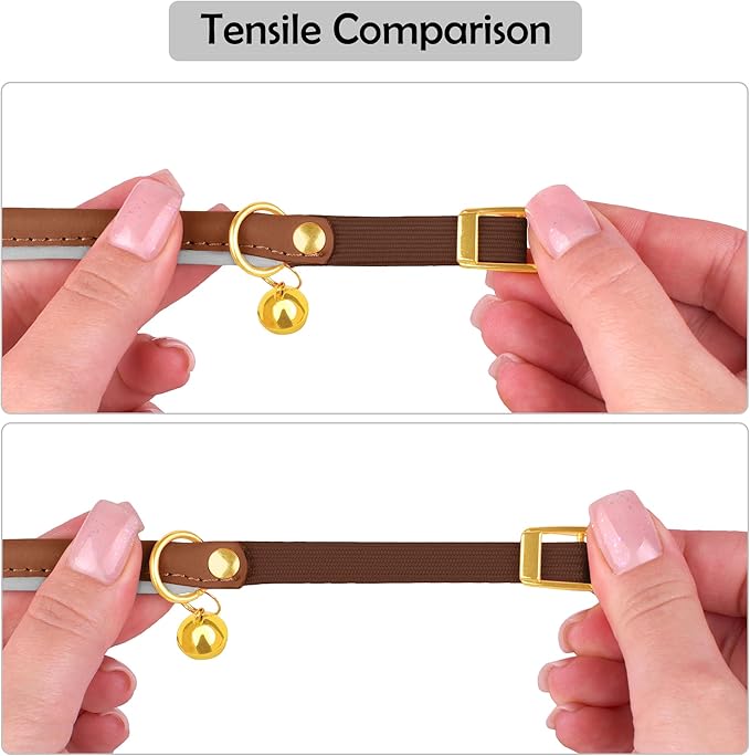 OOPSDOGGY Rolled Leather Cat Collar with Bell - Reflective Kitten Collar with Safety Elastic Strap - Adjustable Small Pet Collars for Boy Girl Cats (Brown)-Mewly Pet