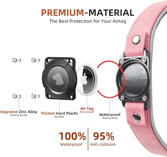 AirTag Dog Collar - Leather Dog Collar with Air Tag Holder | IPX8 Waterproof, Reflective, High - End, Adjustable Soft Padded | Dog GPS Tracker Collars Fit for Medium Large Dogs (Pink, L)-Mewly Pet