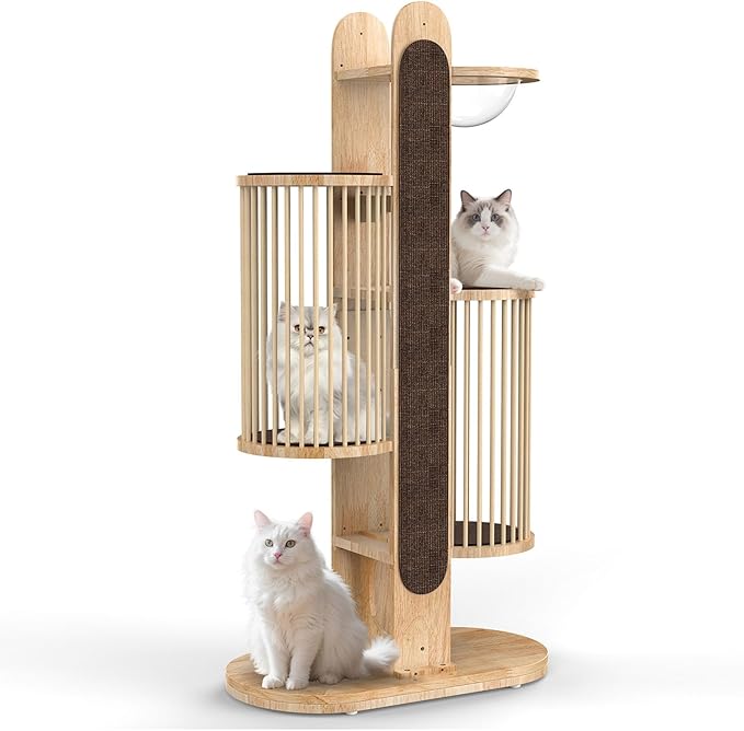 Modern Cat Tree Tower for Indoor Cats, 67" Tall Solid Wooden Cat Tower with Scratching Posts, 6 Level Natural Luxury Cat House with Big Bed, Washable Cushions Cat Furniture for Large Cats Brown-Mewly Pet