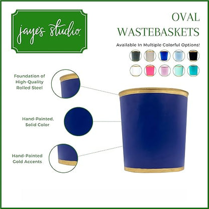 Jaye's Studio Decorative Waste Basket for Bathroom Trash Can Wastebasket, Oval Metal Trash Bin for Bedroom, Office, Blue Garbage Can for Dorm, Blue Trash Can Gold Office Decor, 12" x 10" x 8"