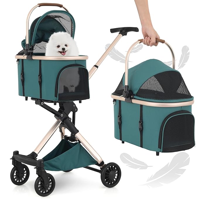 MoNiBloom 3 in 1 Pet Stroller with Adjustable Handle, Jogging Stroller w/Detachable Carrier & Lightweight Aluminum Frame for Dogs Cats, Hunter Green-Mewly Pet