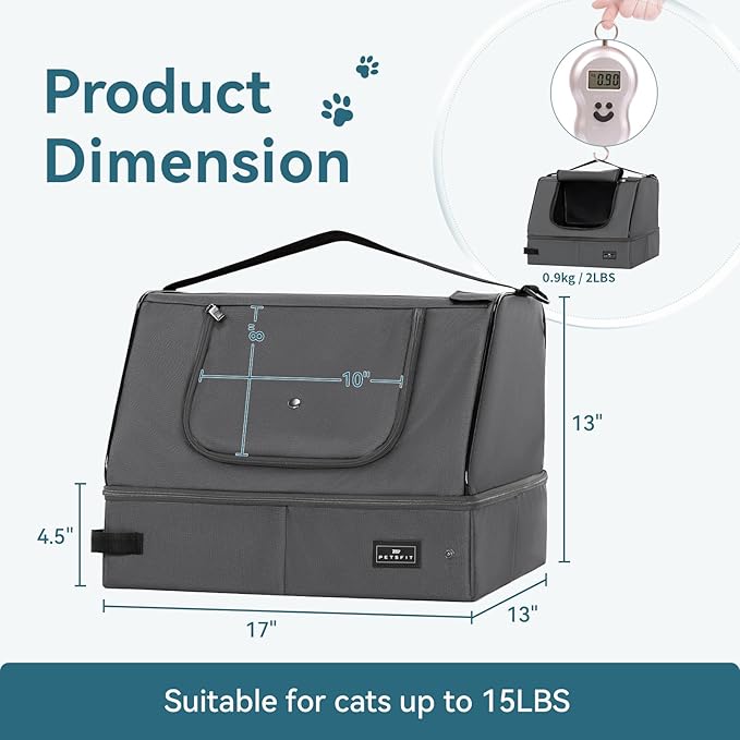 PETSFIT Portable Cat Litter Box - Removable 2-Layer Leak-Proof Lining, Scratch-Resistant Fabric with Sturdy Support Frame, Travel & Collapsible Cat Litter Box Grey-Mewly Pet