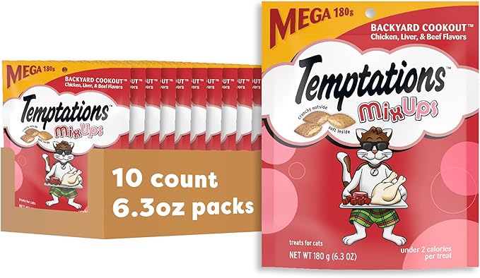 Temptations MixUps Backyard Cookout Flavor Crunchy and Soft Cat Treats, 6.3 oz. Pouch (Pack of 10)-Mewly Pet