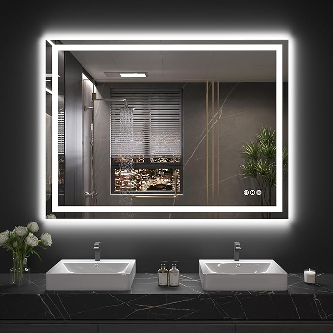 48"X32" LED Bathroom Mirror with Front Lights and Backlit, Anti-Fog, Dimmable, Shatter-Proof Tempered Glass, Lighted Bathroom Vanity Mirror for Wall with 3 Colors, Memory Function