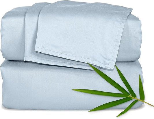 Pure Bamboo Queen Sheets, Genuine 100% Organic Viscose Derived from Bamboo Bed Sheet Set, Luxuriously Soft & Cooling, Double Stitching, Lifetime Quality Promise (Queen, Glacier)