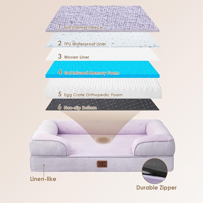 EHEYCIGA Orthopedic XL Dog Beds, Waterproof Memory Foam Dog Bed for Extra Large Dogs, Non-Slip Bottom and Egg-Crate Foam Big Pet Couch Bed with Washable Removable Cover,Lilac-Mewly Pet